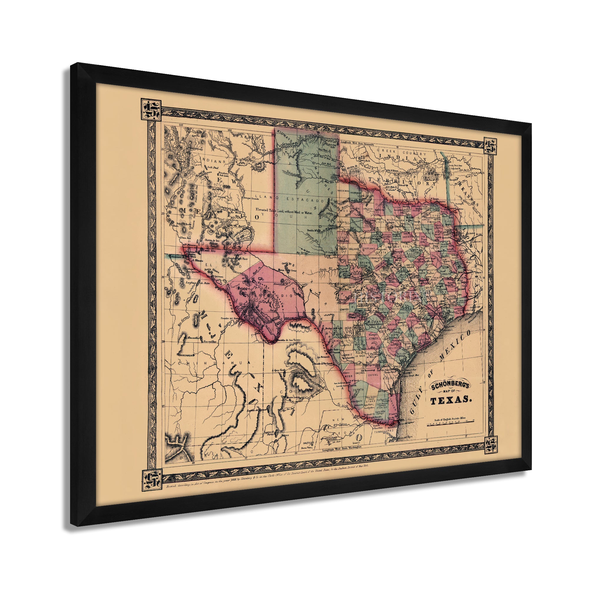 1866 Texas Map Framed Vintage State of Texas Map Old Texas Map