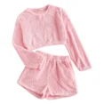 thumbnail image 6 of 9 Colors Two Piece Sexy Fluffy Pajamas Women Plush Velvet Long Sleeve Crop Tops +shorts Set Casual Warm Sports Sweatshirt (Pink as pic,S), 6 of 7