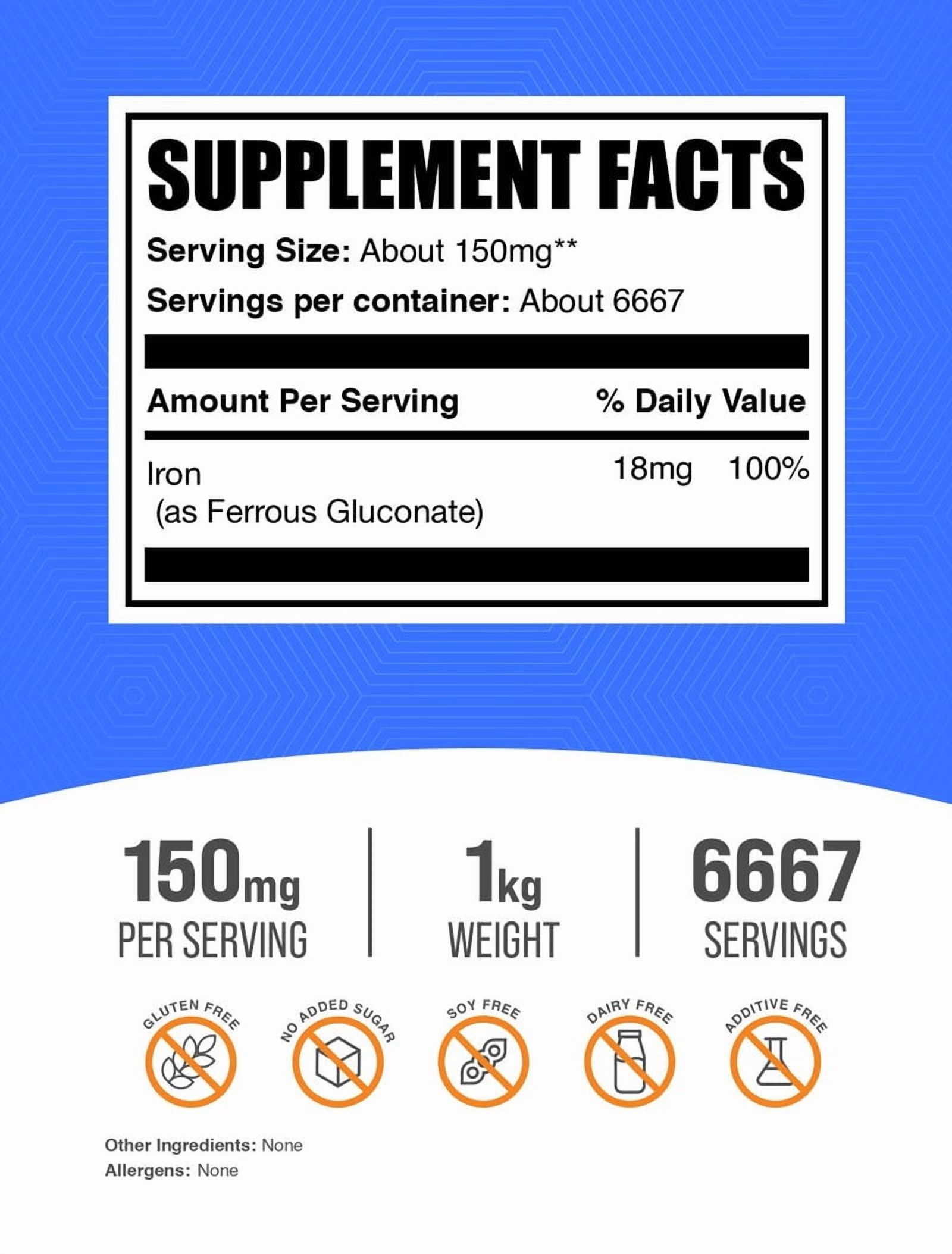 BulkSupplements Ferrous Gluconate Powder - 150mg per Serving - 1 Kilogram (2.2 lbs) - 6667 Servings