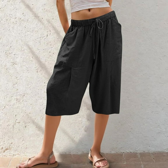 Women’s Linen Capris Pants Drawstring Elastic Waist Side Leg Trousers Summer Comfy Beach Vacation Casual Pants