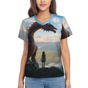 Xecao Clear Sky Mountain Red Dragon for Women's V-Neck T-Shirts-Elegant Half-Sleeve Tops Perfect for Summer-Small