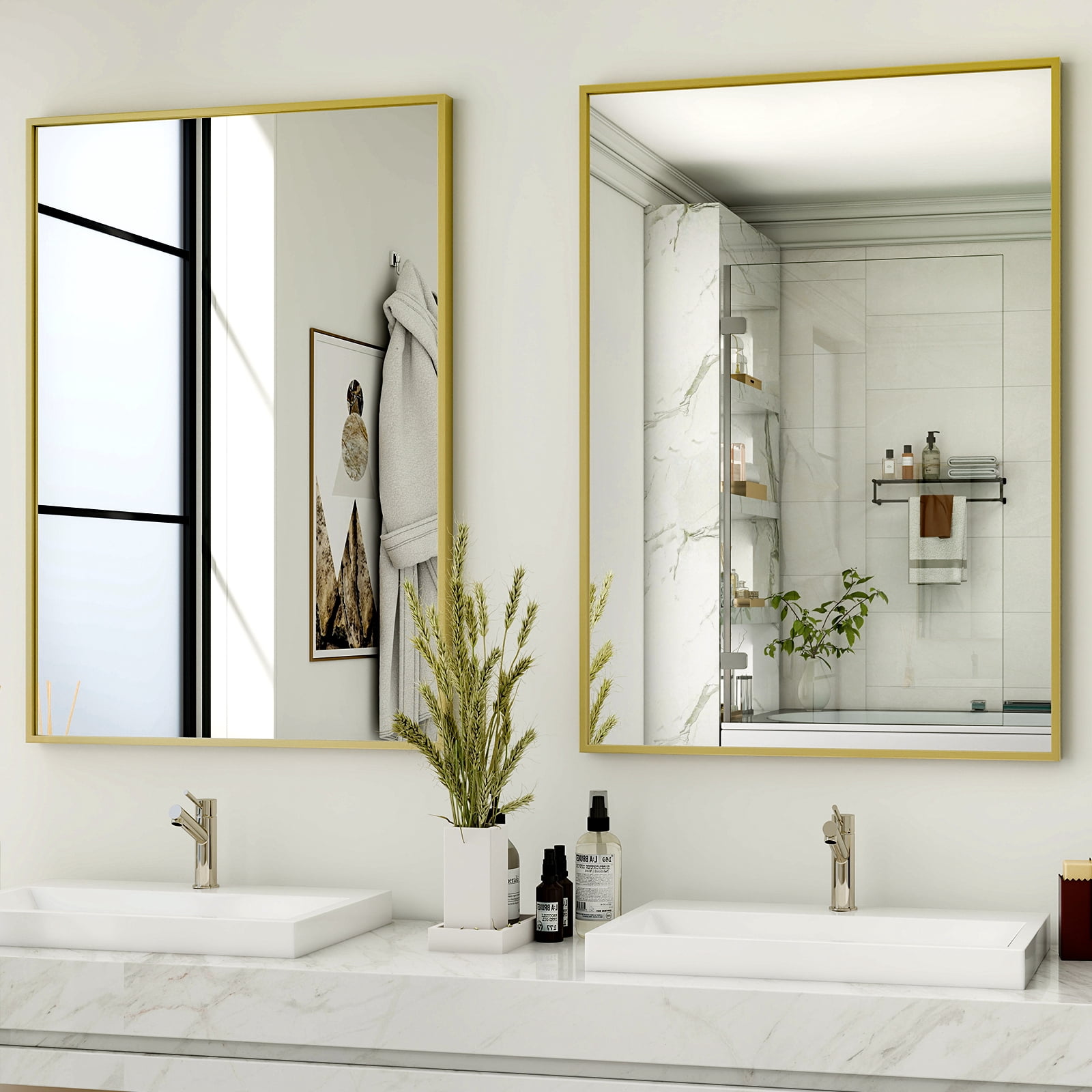 Easy4Home 38"x26" Rectangular Bathroom Mirror Decorative Wall Mounted Vanity Mirror, Gold