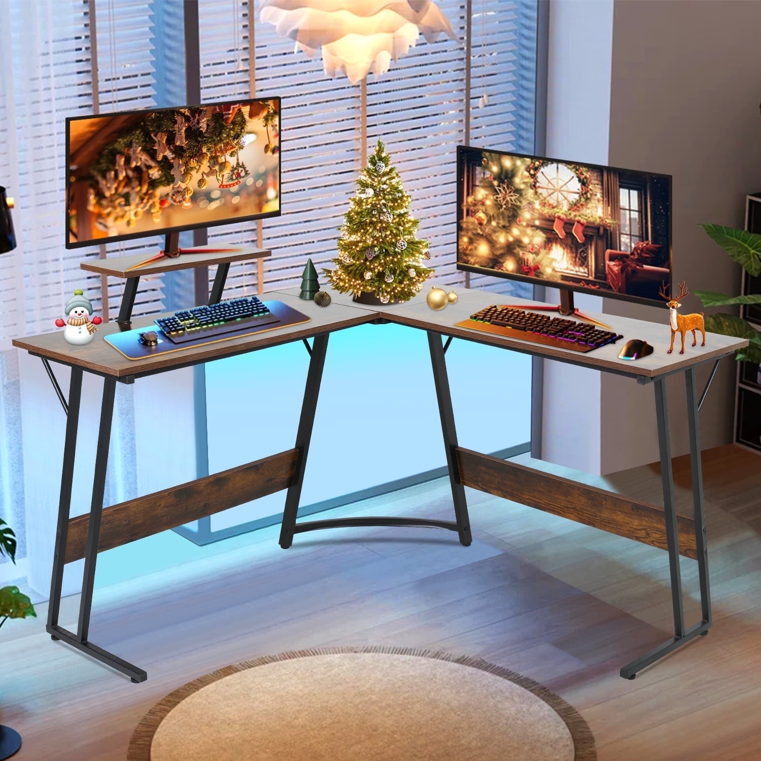 L-Shaped Gaming Desk 50 Inches Corner Computer Desk, Home Office Desk with Large Desktop Gaming Table for Home and Work Place,Brown