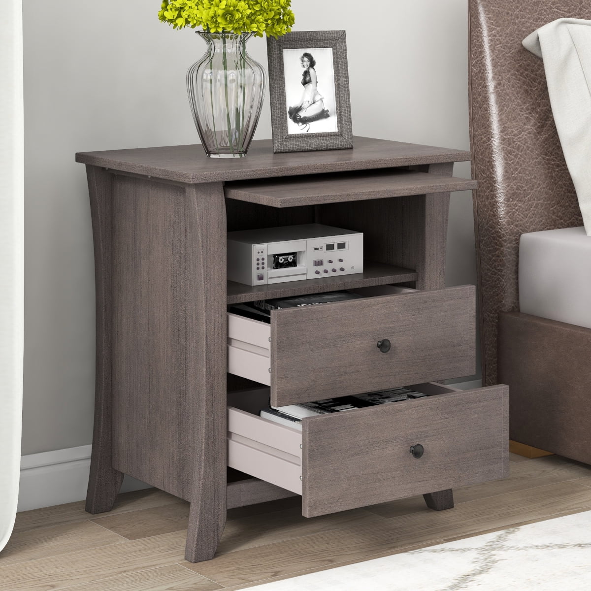 Multifunctional Storage Nightstand with 2 Drawers and An Open