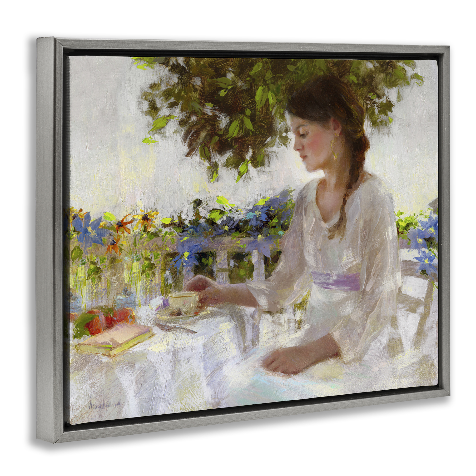Stupell Industries Classic Tea Party Girl Novelty Painting Gray Floater Framed Art Print Wall Art, 21 x 17