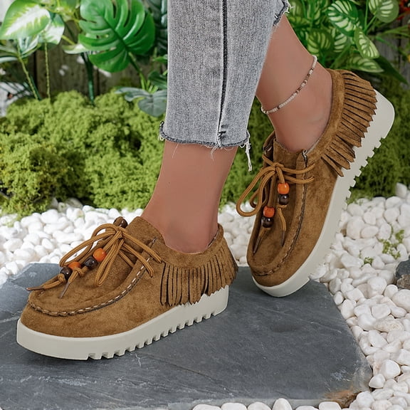 Womens Suede Moccasins Flat Loafers Retro Beaded Comfort Slip On Round Toe Chunky Penny Loafers Daily Casual Walking Dress Shoes