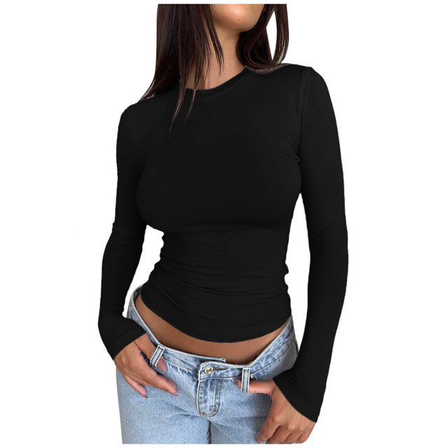 Camiseta corta de manga larga y corte ajustado para mujer: camiseta lisa de cuello redondo, camiseta básica para yoga y entrenamiento, ideal para llevar en otoño