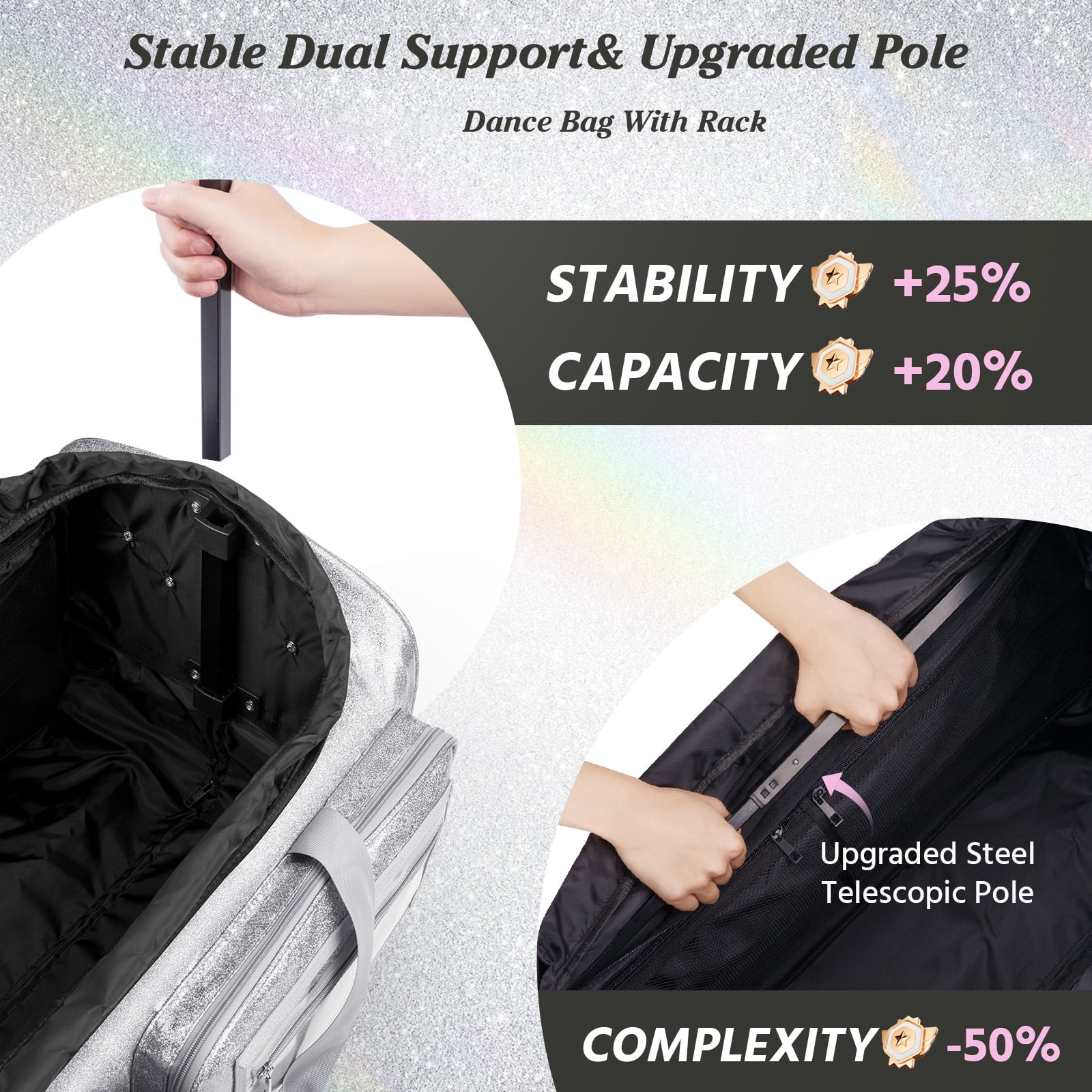 Dance Bag with Garment Rack, Glitter Silver 28" Dance Competition Must Haves Garment Bags for Travel, Costumes Rolling Garment Bag For Travel Collapsible Suitcase for Dancers Performers Recital