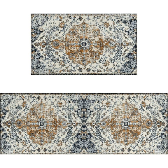Boho Kitchen Rugs and Mats Sets of 2, Farmhouse Bohemian Vintage Kitchen Rug Decoration,Rubber Backing Non-Slip Absorbent Mats for Sink,Washable and Waterproof Runner Rug for Laundry Room