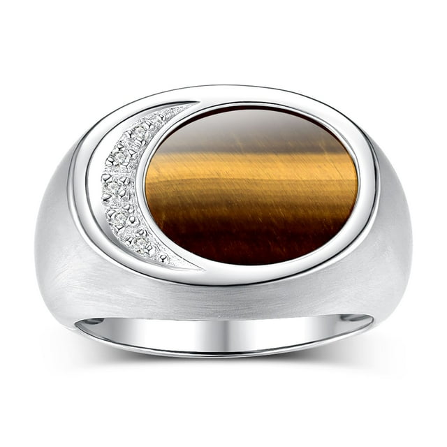 RYLOS Men's Designer Ring in Sterling Silver 925: Features Diamonds around Tiger Eye - Available Size 12
