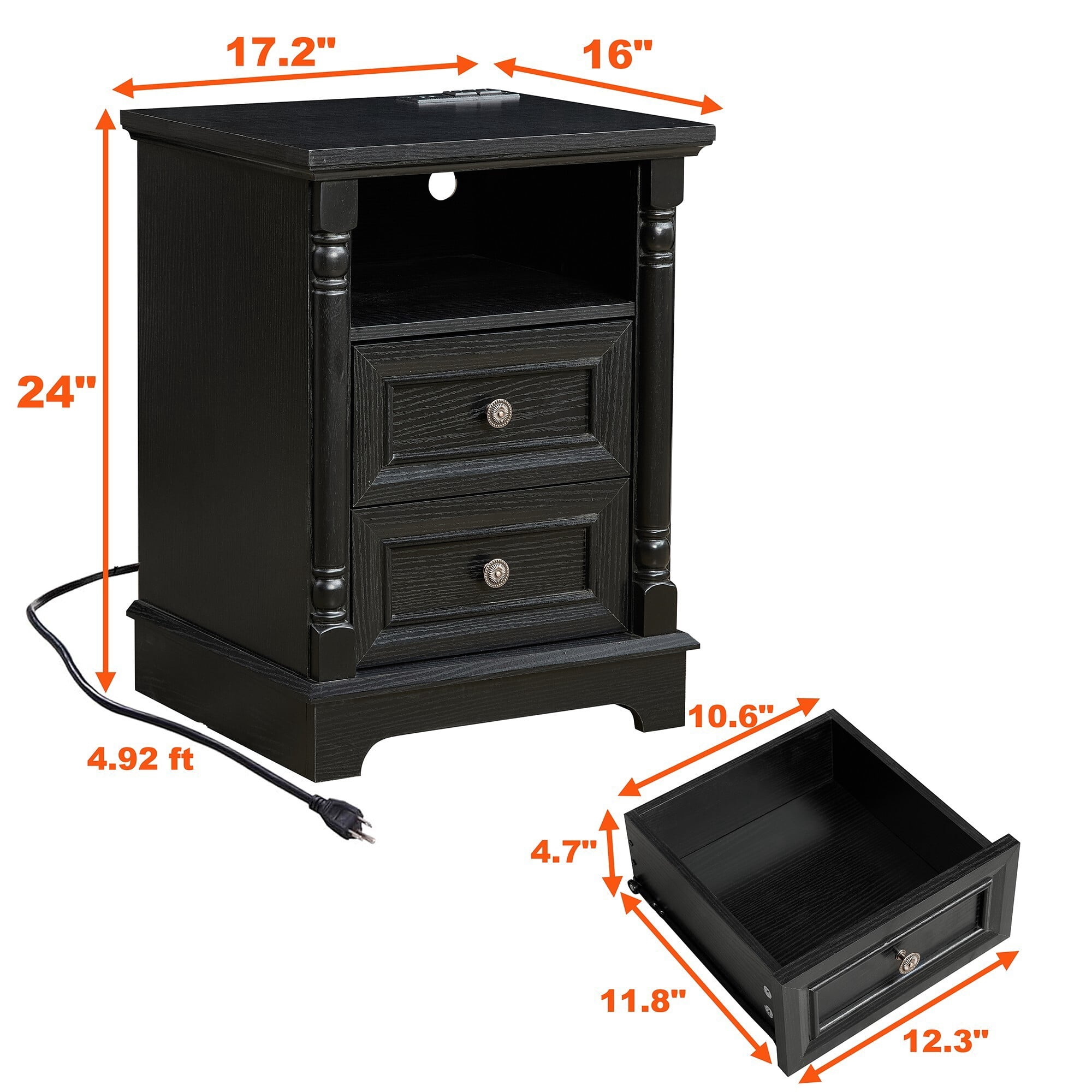 AENKYO Farmhouse 2-Drawer Nightstand with Charging Station, Rustic Wooden End Table for Bedroom & Living Room, Black