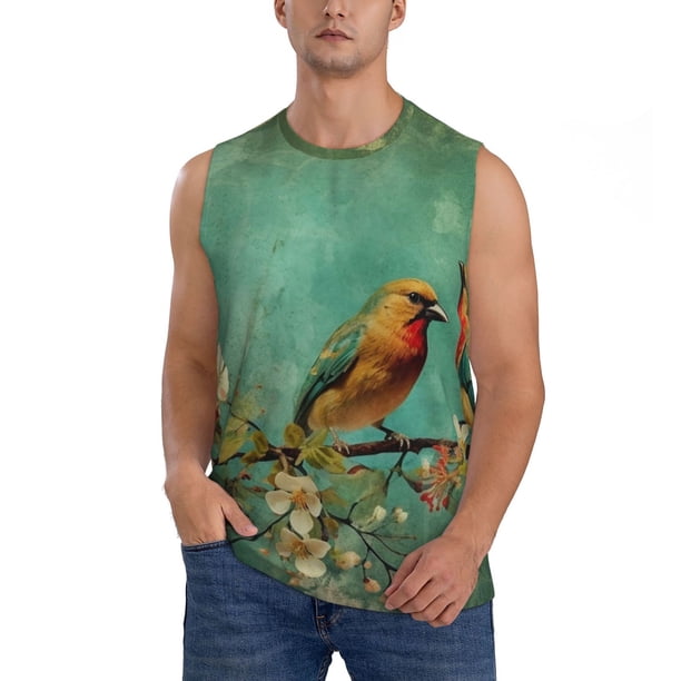 Fotbe Retro Birds Men's Camiseta sin Mangas Estampada para Hombres, Playera Casual para Gimnasio, Entrenamiento, Playa-Small