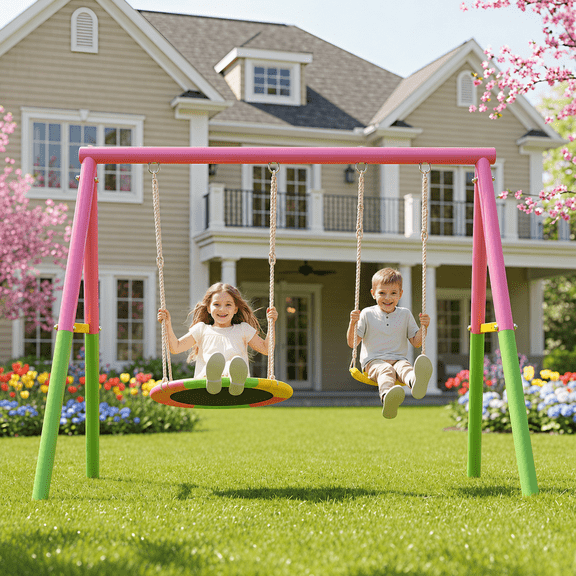 Swing Set for Backyard, SHINPT 2 in 1 Swing Set for Kids Ages 3-8, Toddler Swing Set with 1 Saucer Swing Seat and 1 Belt Swing Seat, Outdoor swing Set for Kids Playground