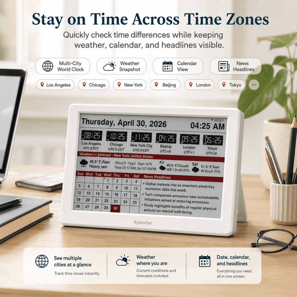 Kylendar 7" E-Ink Minimalist Calendar with Weather Clock, White