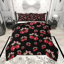 Homewish Watercolor Cherry Bedding Comforter Set for Girls, Kawaii Bowtie Twin Comforter Sets, Tropical Fruit Leaves Bedding Set, Black Red Bedroom Decor