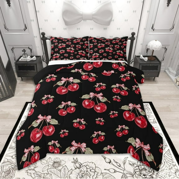 Homewish Watercolor Cherry Bedding Comforter Set for Girls, Kawaii Bowtie Twin Comforter Sets, Tropical Fruit Leaves Bedding Set, Black Red Bedroom Decor