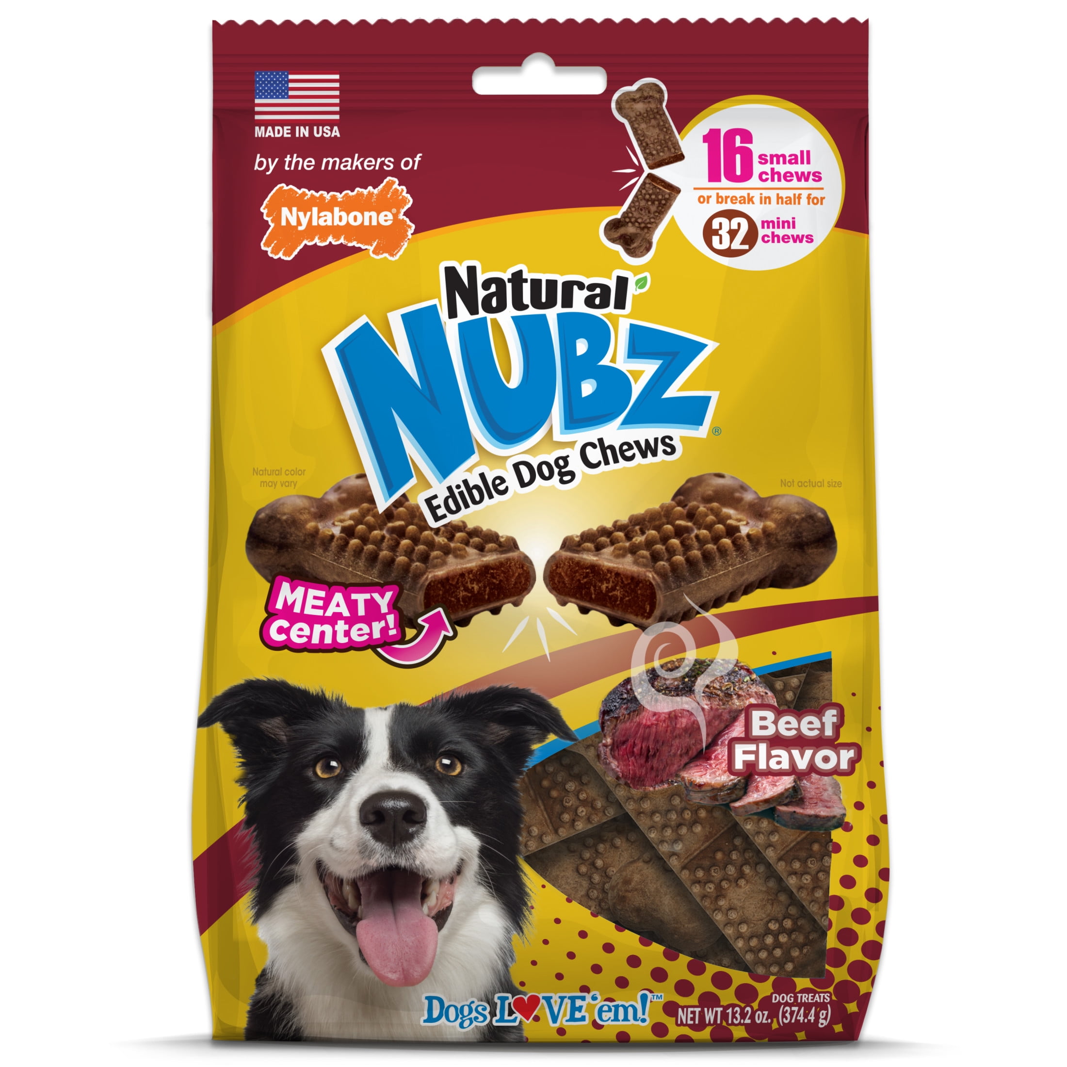 (4 pack) Nylabone Nubz Meaty Center Dog Treats for Small Dogs, Beef Flavor Dog Bones, Small - Up to 30 lbs., 16 Count