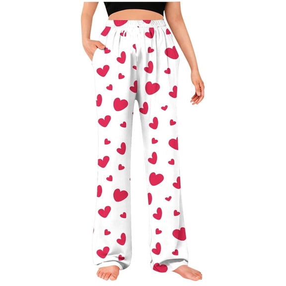 hotojiny Mens Pajama Pants Breathable Wide Leg Pj Bottoms Lightweight Elastic Waist Heart Valentine's Day Sleepwear S-3XL