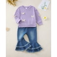 thumbnail image 2 of Toddler Girl Clothes 2t 3t Purple Cute Bow Round Neck Long Sleeve Pullover Sweatshirt Bell Bottom Ruffle Jeans Fall Winter Outfits, 2 of 6