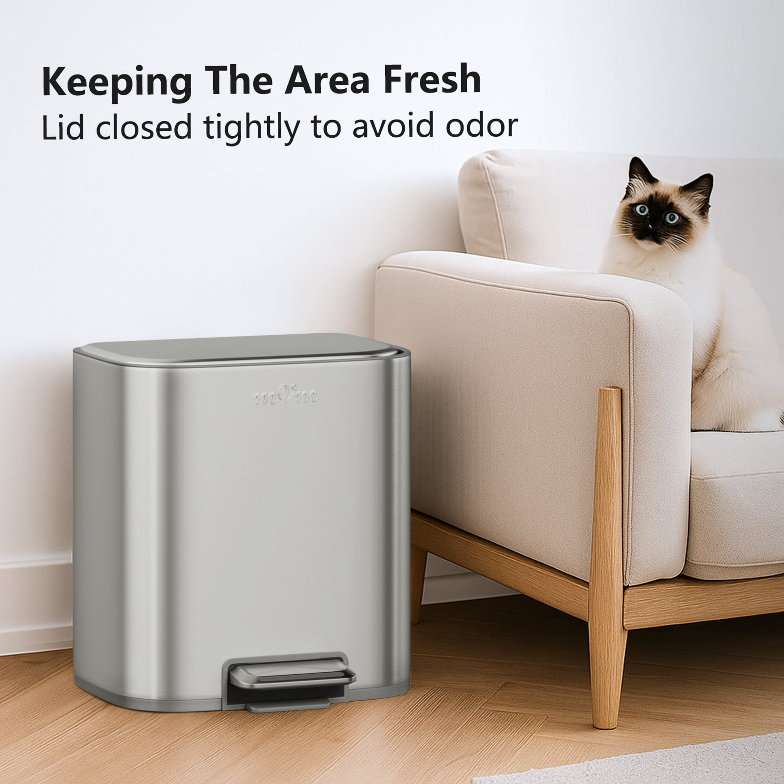 mVm Stainless Steel Trash Can, 5.3 Gal Trash Can with Lid, Smooth Edge Step Garbage Bin for Home Kitchen Office (Tin)