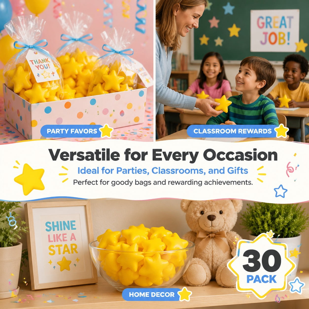 MODANU 30 Pcs Star Stress Ball Stress Relief Balls Mini Foam Stress Ball for School Carnival Reward, Student Prizes, Party Bag Fillers, Yellow
