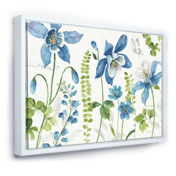 Designart ' Bluebell and Columbine Wild Flowers with Butterfly ' Cabin & Lodge Framed Canvas