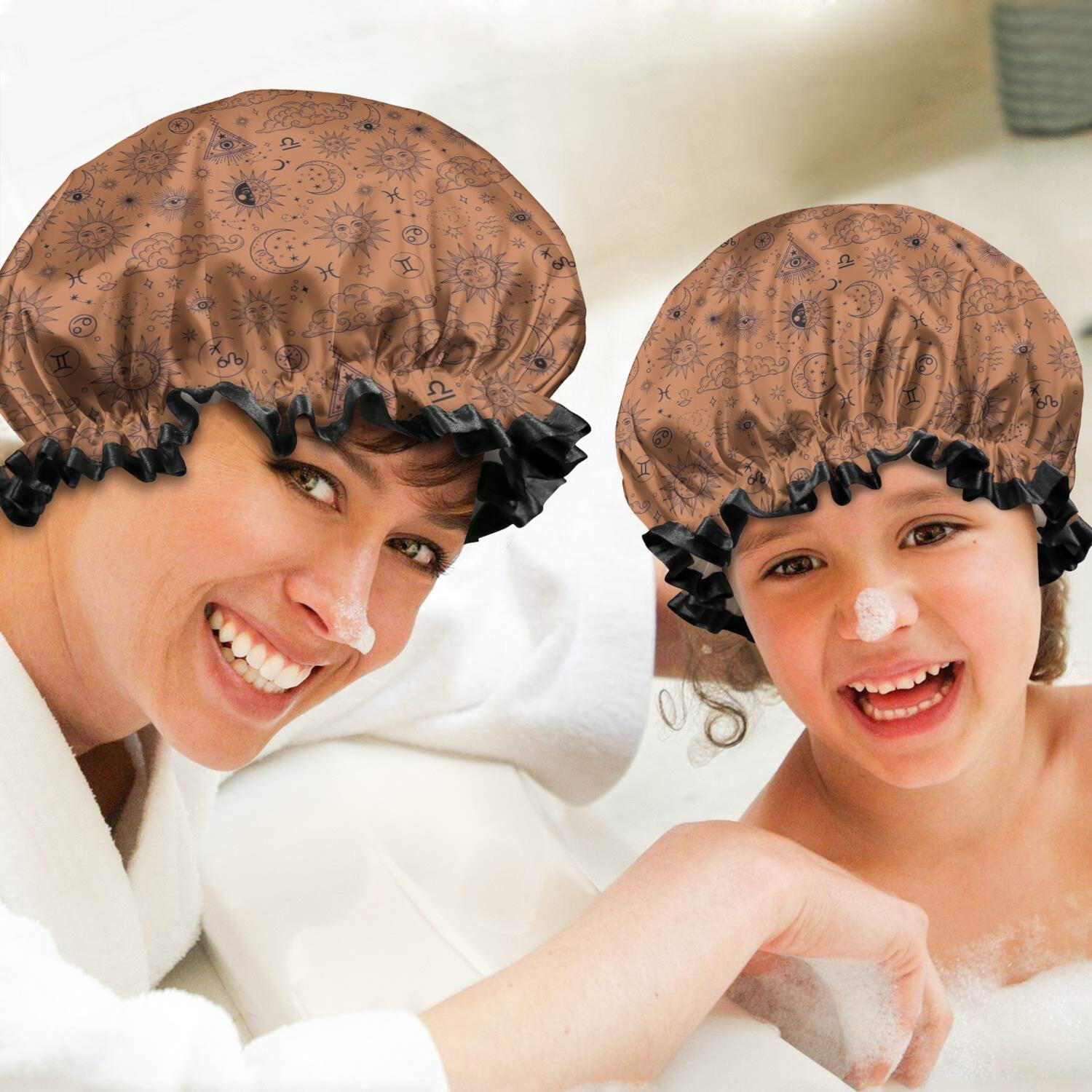 Shower Caps,Orange Occult Pattern Waterproof Shower Cap for Women 4 Pieces,Double Reusable Hair Cover for Shower PEVA Elastic Stretch Hem