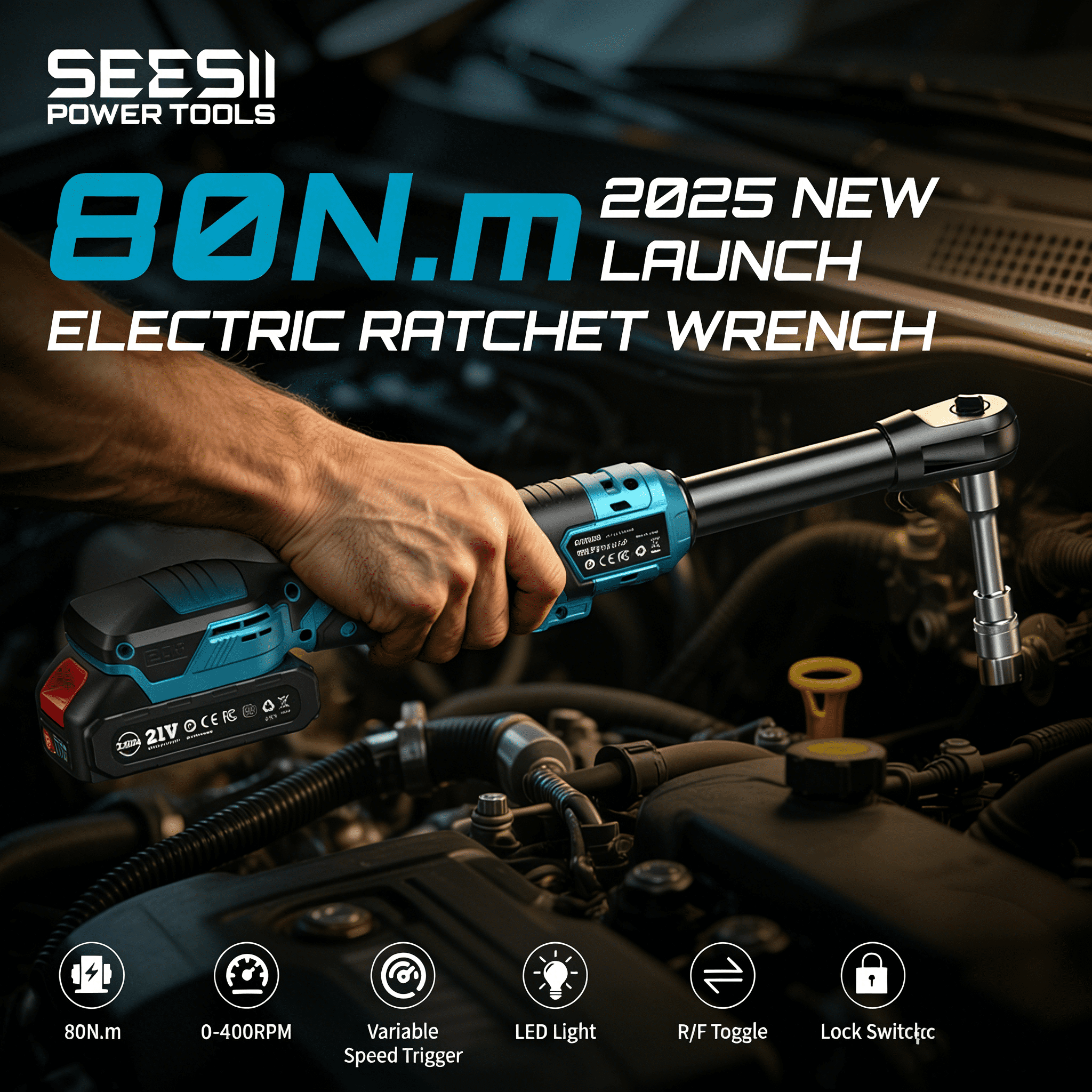 Seesii Extended Cordless Electric Ratchet Wrench: 59Ft-lbs Power Ratchet Wrench 3/8", Brushless  0-400RPM Variable Speed Trigger, 2 Pack 21V Batteries & Charger, 8 Sockets, 1/4"& 1/2" Adapter