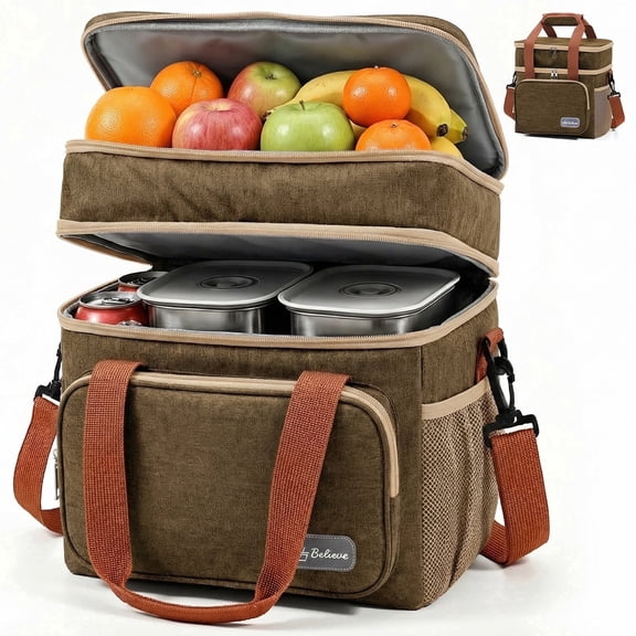 Insulated Lunch Bag & Lunch Box for Men - Double Deck Reusable Lunch Bag for Women Tote Cooler Bag Leakproof Soft Expandable - Large Lunchbox for Work/Adult/Picnic/Outdoor (Brown-15L)