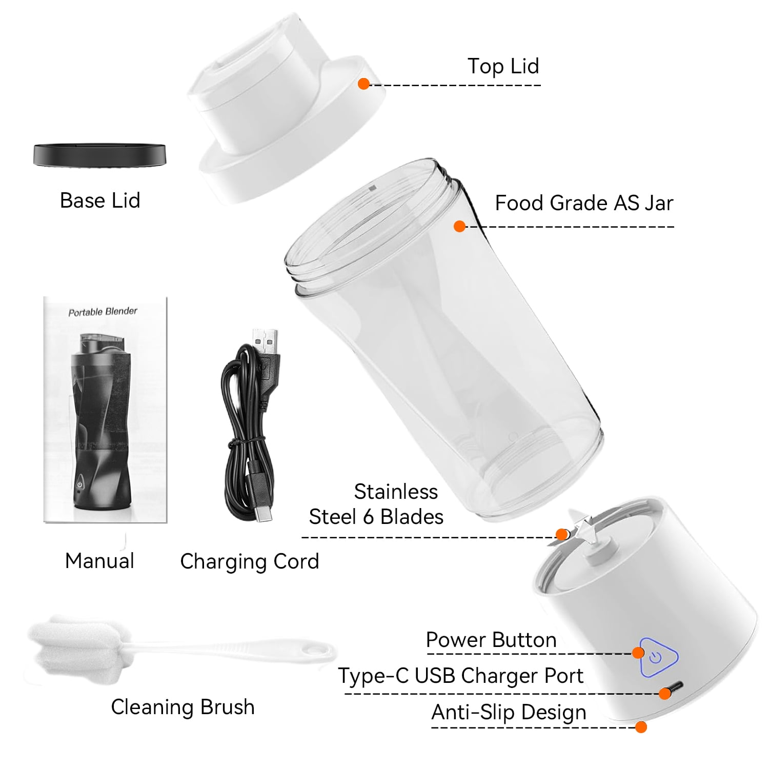Portable Blender, 6000mAh Personal Blender with USB Rechargeable for Shakes and Smoothies, BPA Free 24 Oz Juicer Cup with 6 Blades and Lid, 360W Self Cleaning Portable Juicer for Home/Office/Travel