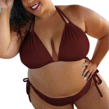 Clearance! Yajing Womens Swimwear Womens Solid Push Up Padded Plus Size Bikini Set Swimsuit Bathing Suit Swimwear M Red