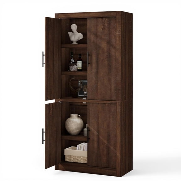 Garvee Farmhouse Pantry Cabinet, 4 Wooden Doors, Adjustable Shelves, 70.4 x 30x 14.5", Retro Brown
