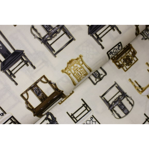 Robert Kaufman Asian Traditions Tan, Brown, and Gray Vintage Chairs with Gold Metallic Accents on Cream 100% Cotton Fabric sold by the yard