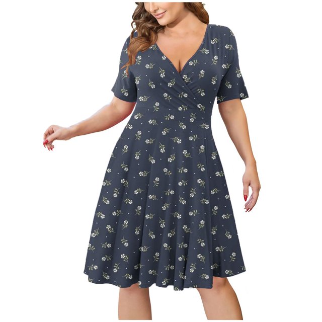 Robes Décontractées pour Femmes Imprimées Grande Taille Col en V Profond Manches Courtes Robe Douce de Plage d'Été