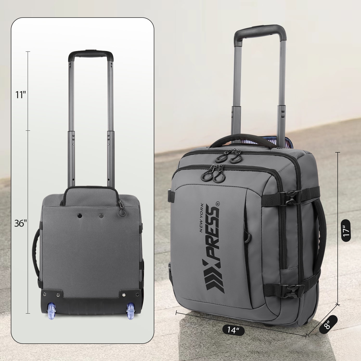 17" Underseat Carry On Luggage Airplane Approved,Water Resistant Softside Rolling Suitcase Lightweight Personal Item Travel Bag,Gray - TA069