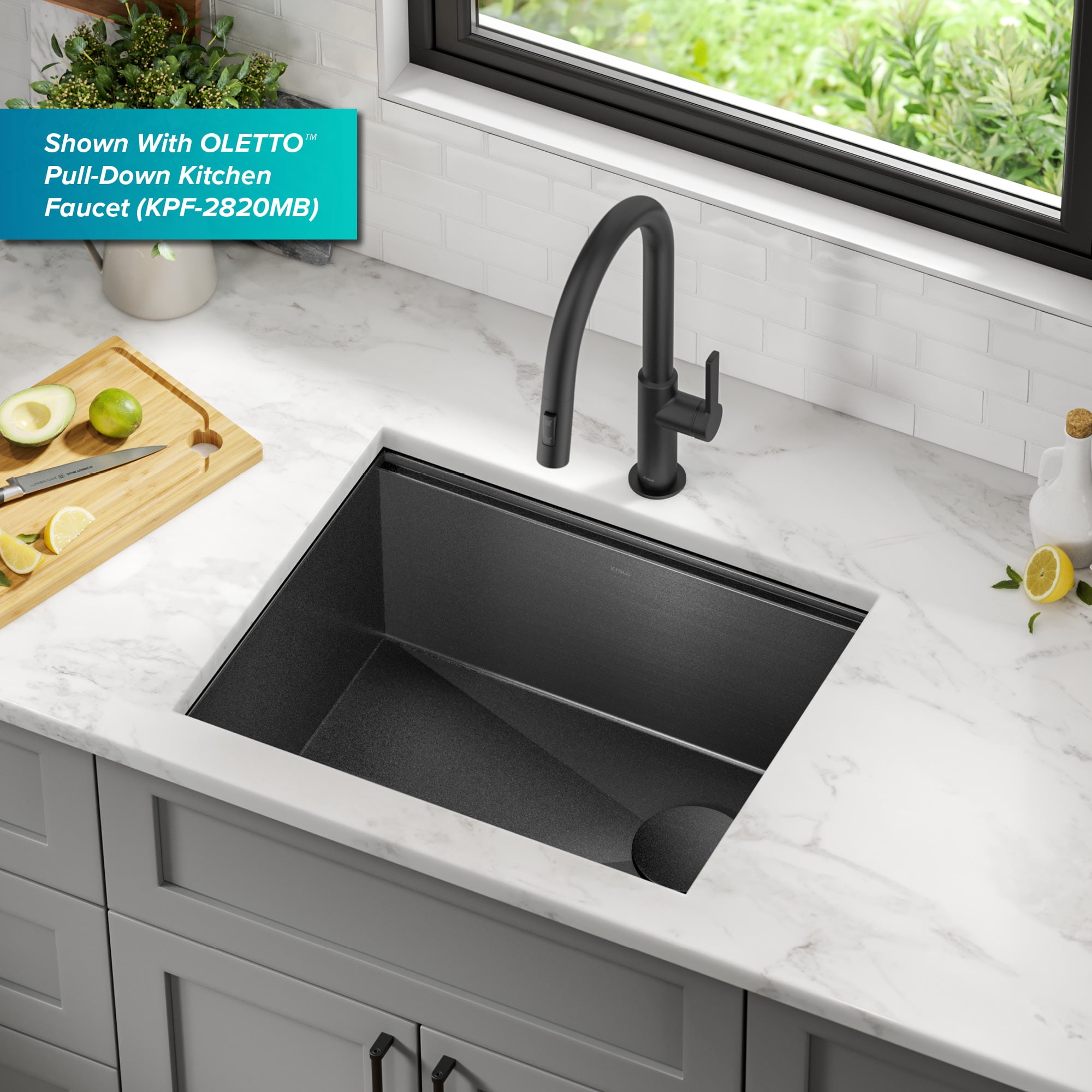 KRAUS Kore 23 Undermount Workstation 16 Gauge Black Stainless Steel Single Bowl Kitchen Sink in PVD Gunmetal Finish with Accessories