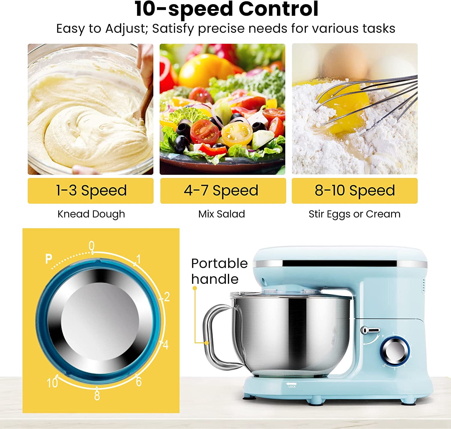 SPECSTAR Stand Mixer, 660W 10 Speed 6 Quart Tilt-Head Kitchen Electric Food Mixer with Beater, Dough Hook, Wire Whip and Egg Separator, Blue