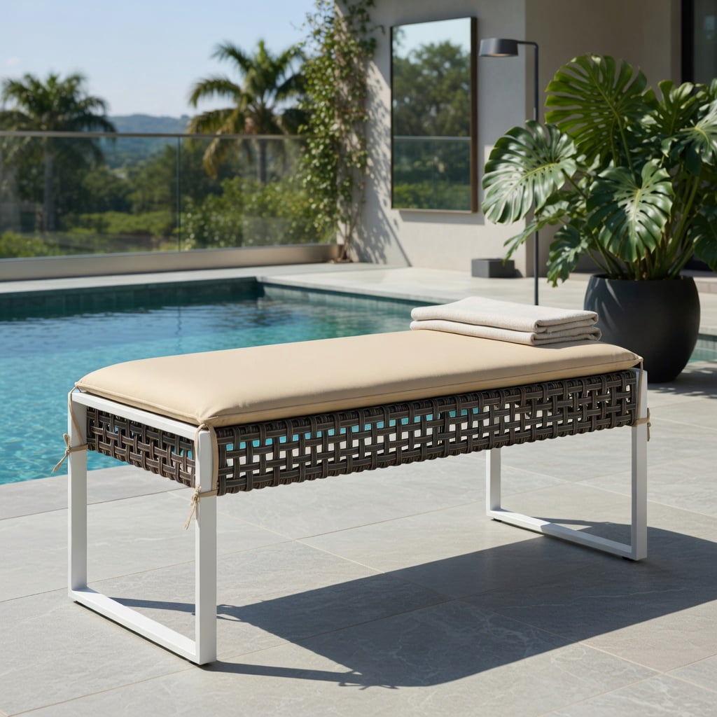 Hommoo 43" Patio Ottoman Set of 2, Woven PE Rattan Outdoor Footrest with Metal Frame, Removable Cushions, Heavy-Duty X-Frame Design for Backyard, Poolside & Porch, Natural