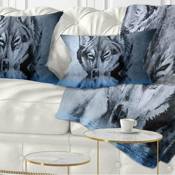 Designart Wolf Head with Water Reflections Tattoo - Abstract Throw Pillow - 12x20