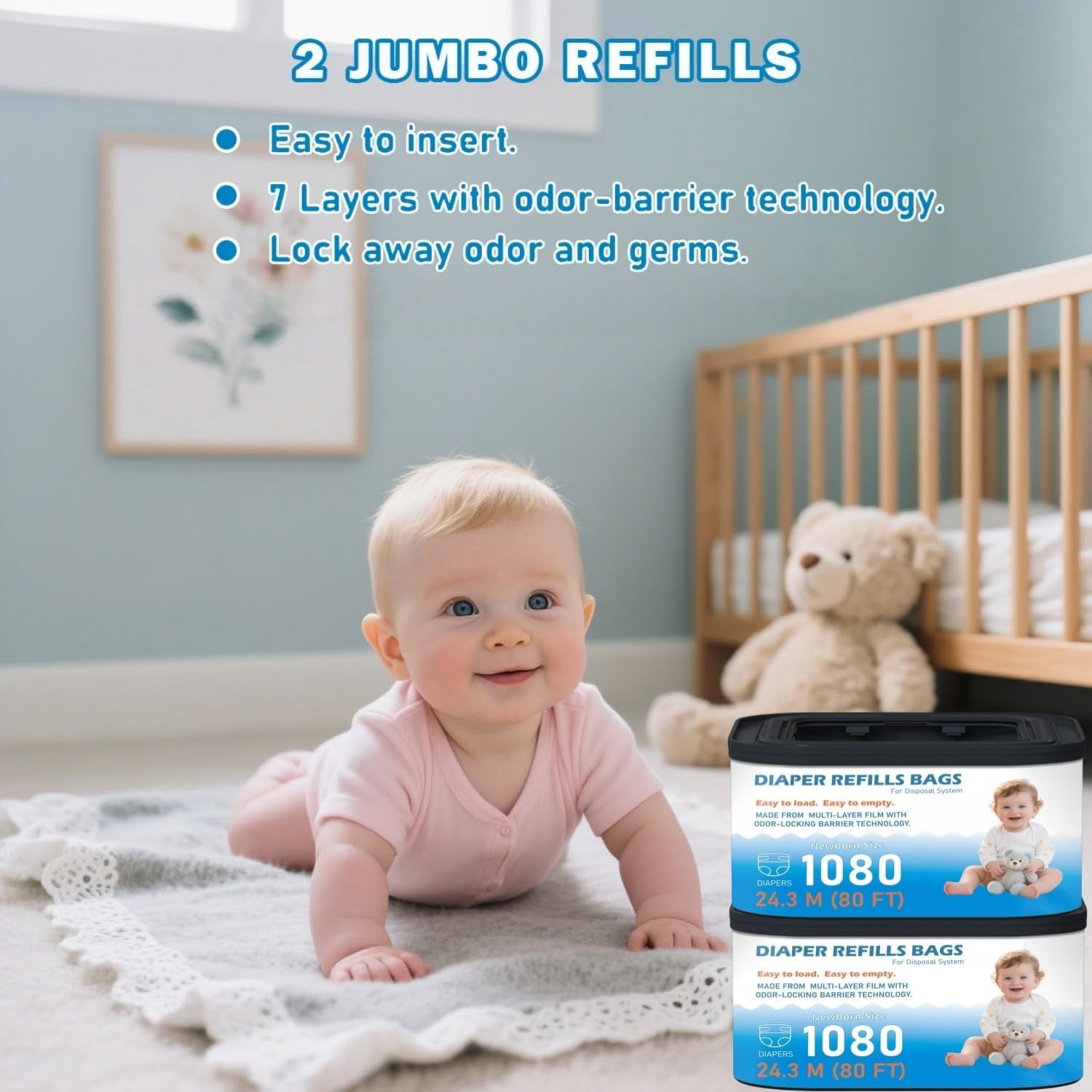 Jumbo Square Refills Disposal Bags Refill Compatible with Genie Diaper Compact, Select Pails, Hold Up to 1080 Newborn-Sized Diapers Per Refill，2 Packs
