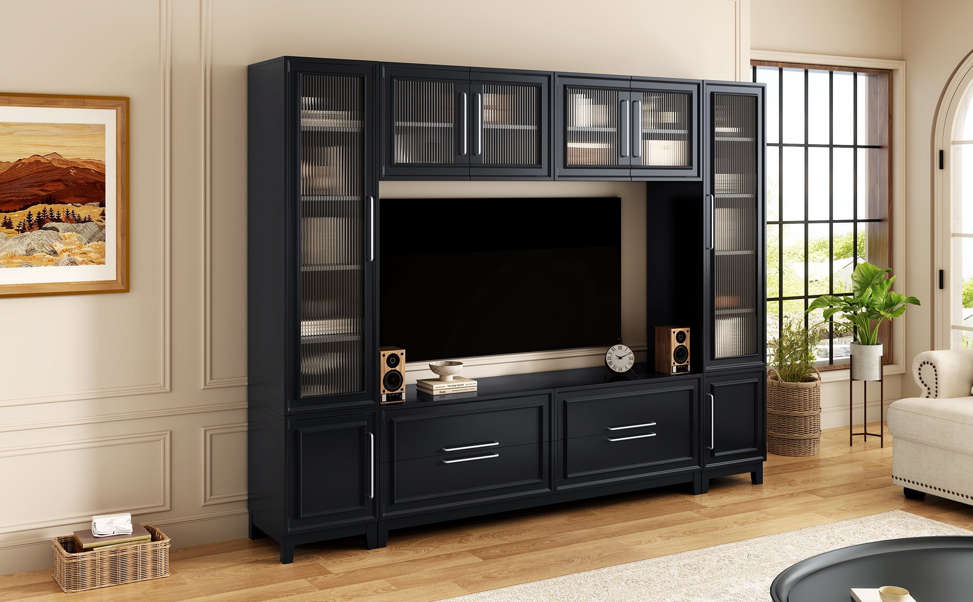 Euroco 102" W Wall Unit Modern Entertainment Center with Glass Doors for TVs up to 75", Large Minimalist TV Stand Media Console with Drawers for Living Room