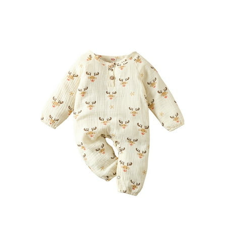 

Baby Girl Boy Christmas Jumpsuit Long Sleeve Cartoon Elk Heart Print Xmas Romper For Toddlers