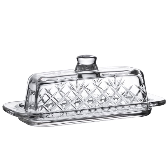 Royalty Art Kinsley Glass Butter Dish with Lid Single Stick Vintage Farmhouse and Boho Kitchen Style Deep Basin Full-Coverage Cover with Easy-Grip Handle Clear Glass