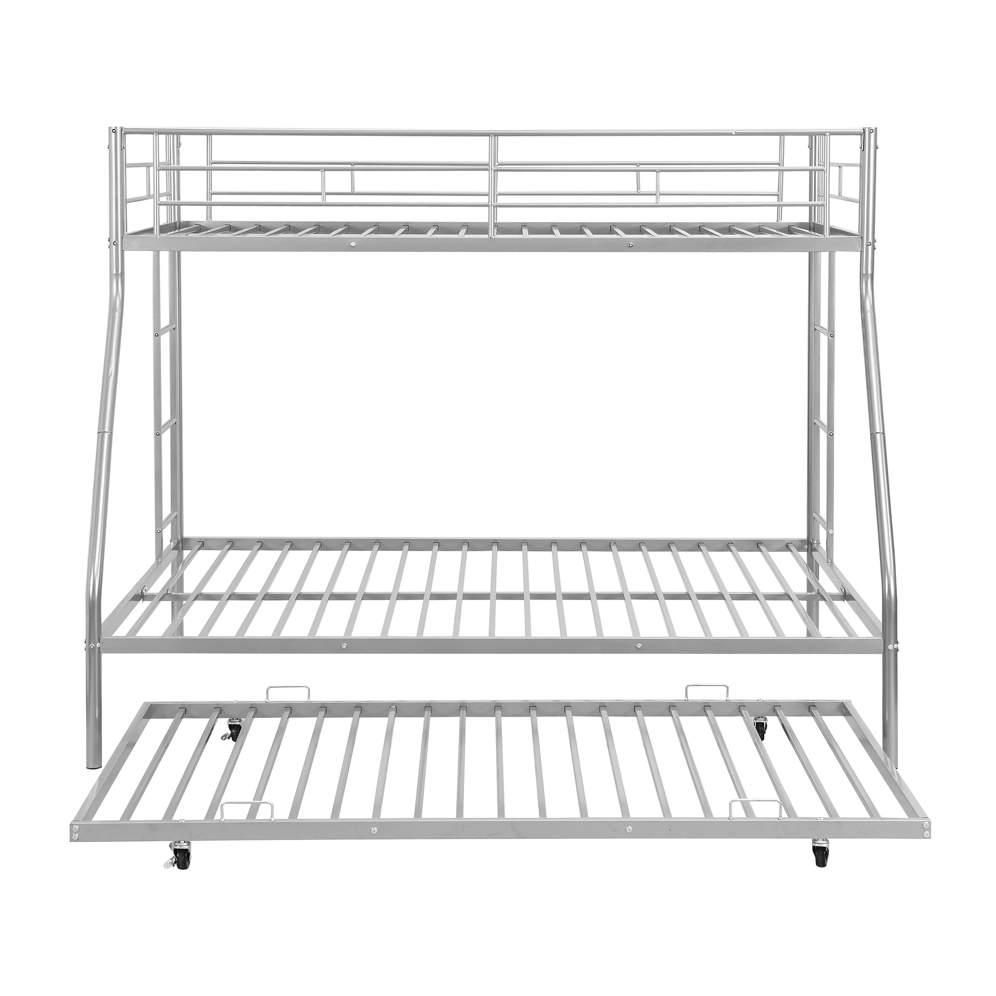 Euroco Metal Twin over Full Bunk Bed with Moveable Trundle & 2 Ladders for Bedroom, 3 Beds for Kids Teens Adults and Guests, Silver