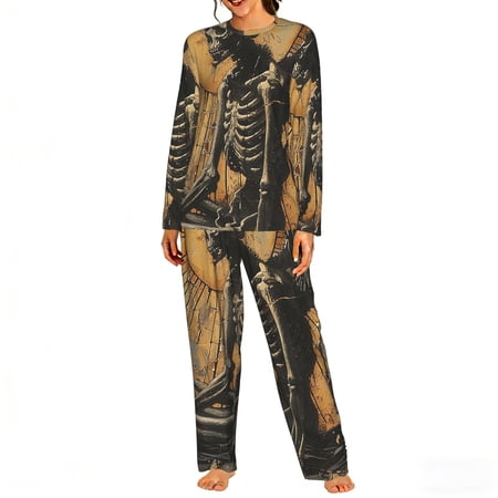 Womens Long Sleeve Pajamas Round Neck Pjs Set Soft Loungewear with Pockets Grim Reaper Skeleton Angel Vintage Horror