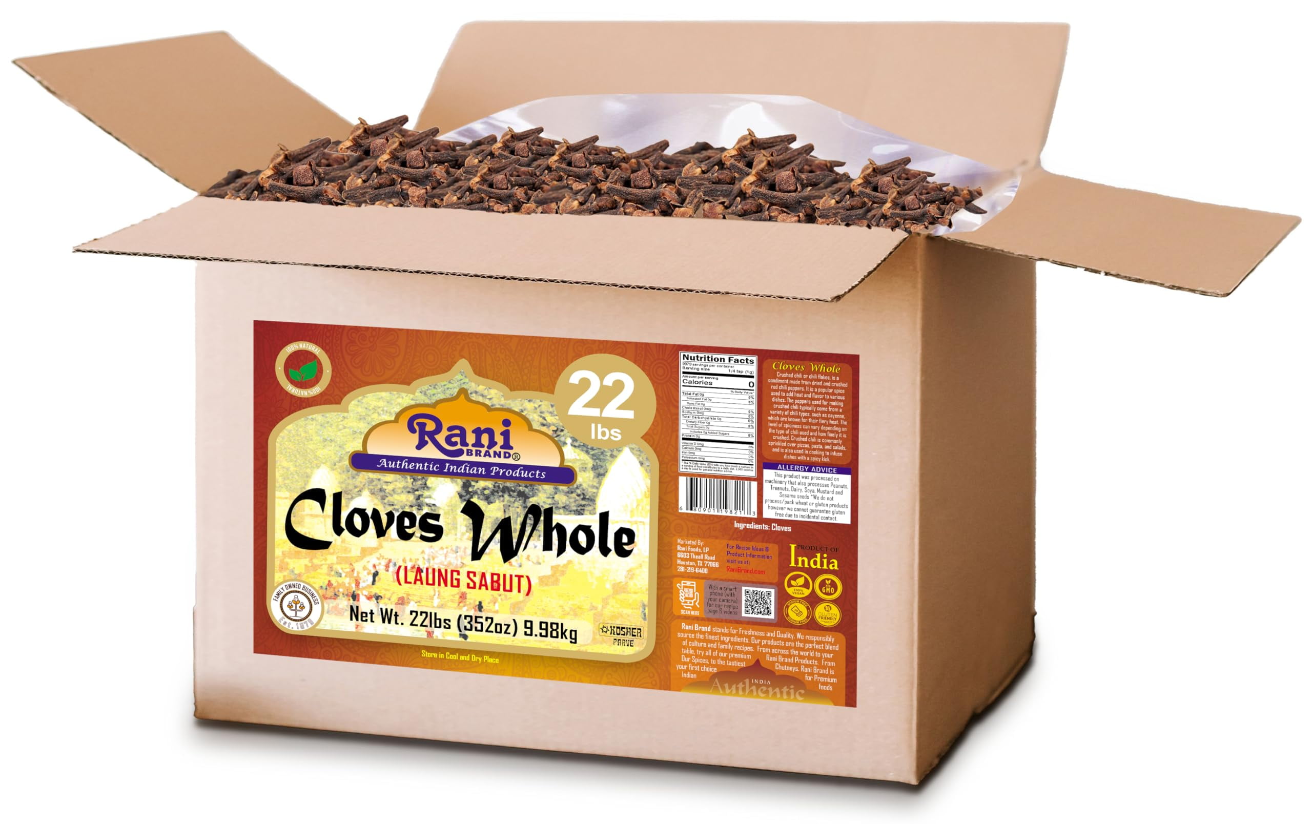 Rani Cloves Whole (Laung) 352oz (22lbs) 9.98kg, Bulk Box, Great for Food, Tea, Pomander Balls and Potpourri, Hand Selected, Spice ~ All Natural | NON-GMO | Vegan | Gluten Friendly | Indian Origin
