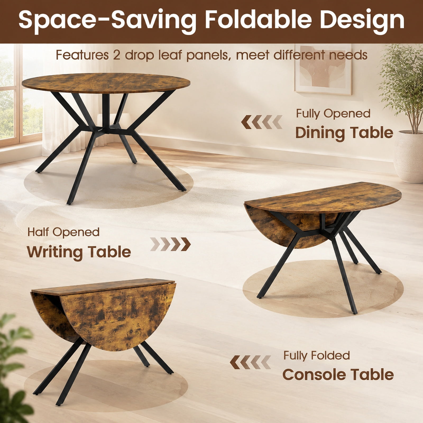 Furnibear Folding Dining Table 47 Inch Extendable Round Kitchen Table with Drop Leaves for Kitchen Dining Room Breakfast Nook Small, Rustic Brown