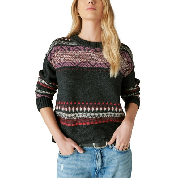 Lucky Brand Women’s Fair Isle Crewneck Sweater – Black Combo, XX-Large