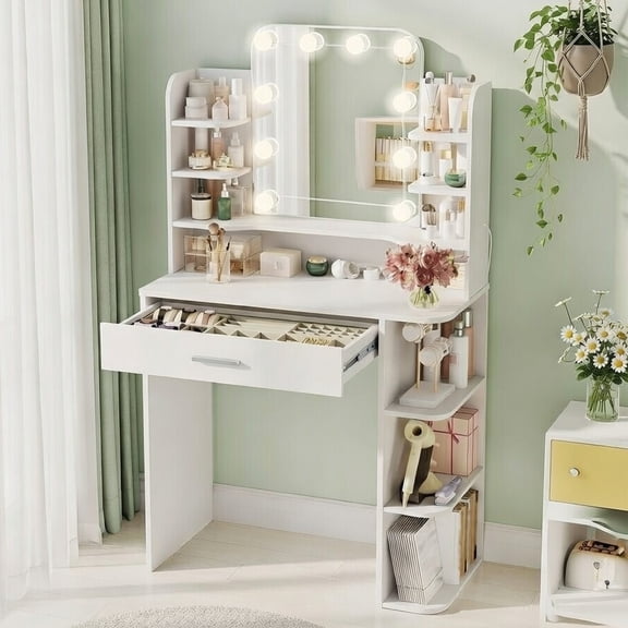 Pipleo 31" W Makeup Vanity Desk with Mirror and Lights, Small Vanity Table with 8 Storage Shelves, Big Drawer and 3 Lighting Colors, Bedroom Vanity for Girls