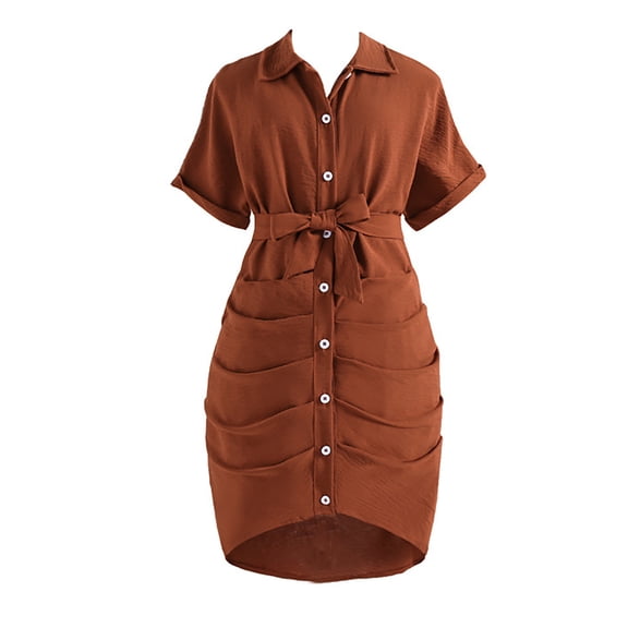 FYDUU Toddler Girl Summer Casual Dress Girls Summer Casual Dress Short Sleeve Button Front Pleated Waist A-Line Solid Color Dresses 7-8 Years